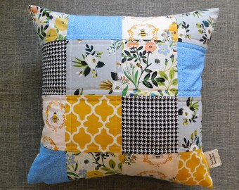 Quilted Pillow Cover - Bee themed, Pink Floral, Yellow, Blue, Gray Floral, Black/White Hounds tooth - Shabby Chic Home Décor