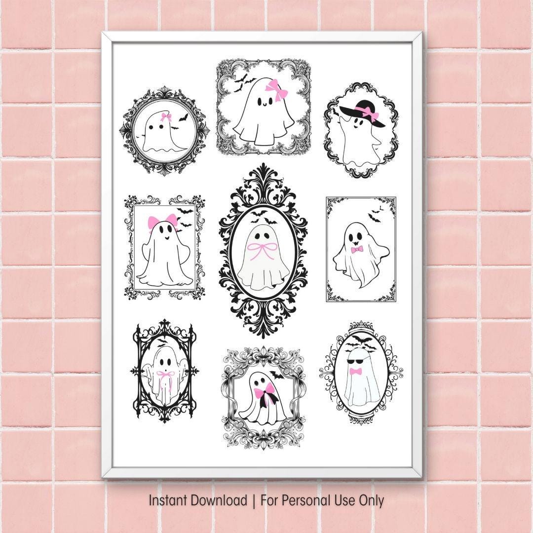 Spooky Cute Pink Halloween Printable Wall Art, Pink Bow on Cute Ghosts ...