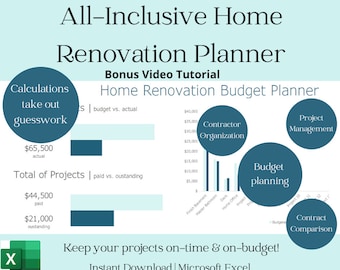 May include: A teal and white infographic titled "All-Inclusive Home Renovation Planner" with a bonus video tutorial. The infographic includes a budget planner for home renovations, with a bar chart showing budget vs. actual costs, and a section for project management, contractor organization, and contract comparison. The infographic also includes a section for calculating the total cost of projects, with a bar chart showing paid vs. outstanding costs. The infographic is designed to help homeowners keep their renovation projects on time and on budget. The infographic is available for instant download in Microsoft Excel.