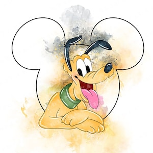 Può includere: Clipart ad acquerello con Pluto, un cane giallo dei cartoni animati con un collare verde e una lingua rosa. L'immagine è ambientata su uno sfondo bianco con un contorno della testa di Topolino e accenti ad acquerello. Il testo recita "PLUTO WATERCOLOR CLIPART".