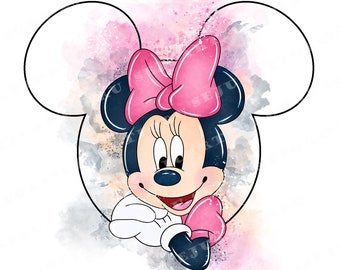 Imágenes prediseñadas de Minnie Mouse en acuarela, lazo rosa (descarga digital PNG)