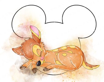 May include: A watercolor illustration of Bambi, a young deer, sleeping inside a Mickey Mouse ear outline. The deer is brown with white spots and has closed eyes. The background is a soft watercolor wash of yellow, orange, and brown.