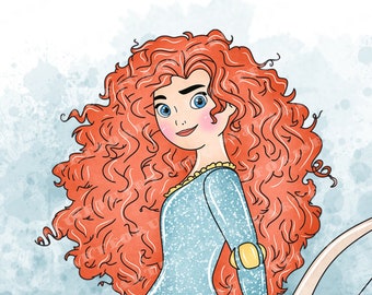 Watercolor Brave Princess Clipart, Merida PNG (Digital Download)