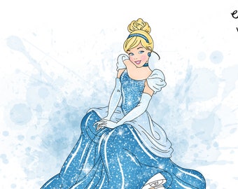 May include: Watercolour illustration of Cinderella in a blue and white ball gown with a sparkling bodice. She is sitting with her hands in her lap and a slight smile on her face. The background is a light blue watercolour wash.
