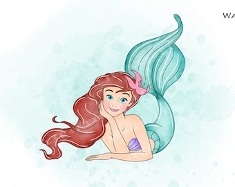 Ariel Watercolor Clipart, Little Mermaid Princess (PNG)