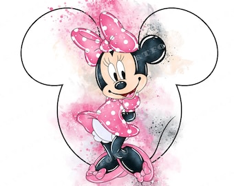 Minnie Mouse Watercolor Clipart, Pink Dress (PNG Digital Download)