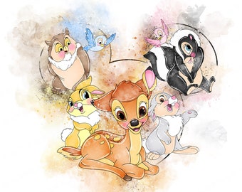 May include: Watercolor illustration of Bambi and his friends, including Thumper the rabbit, Flower the skunk, and Owl. The characters are arranged in a heart shape with a watercolor background.