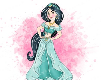 Imágenes prediseñadas de la princesa Jasmine en acuarela, PNG de la princesa (descarga digital)
