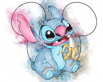 Stitch Watercolor Clipart, Cartoon PNG (Digital Download)