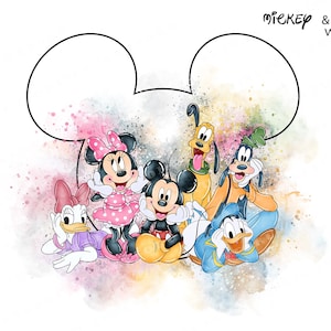 watercolor mickey ,watercolor minnie, watercolor donald, watercolor daisy, watercolor gooffy, watercolor pluto, clipart commercial use