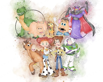 May include: Watercolor clipart featuring characters from the Toy Story movie. The characters include Woody, Buzz Lightyear, Jessie, Rex, Mr. Potato Head, Slinky Dog, and Emperor Zurg. The characters are arranged in a heart shape with a watercolor background.