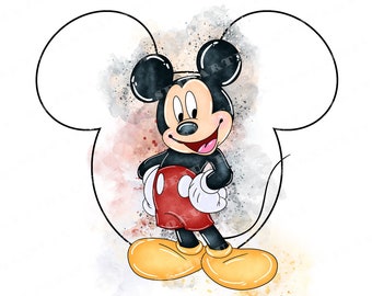 Watercolor Mickey Mouse Clipart, Printable PNG, Commercial Use (Digital Download)