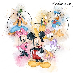 Aquarell Micky, Aquarell Minnie, Aquarell Donald, Aquarell Gänseblümchen, Aquarell Gooffy, Aquarell Pluto, Clipart kommerzielle Nutzung