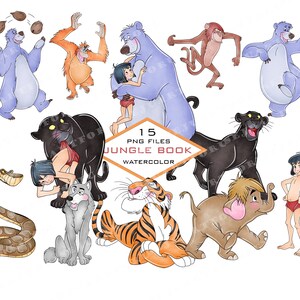 May include: Watercolor illustrations of characters from the Jungle Book, including Baloo the bear, Mowgli, Shere Khan, Kaa the snake, King Louie, Bagheera the panther, and more. There are 15 PNG files in this set.
