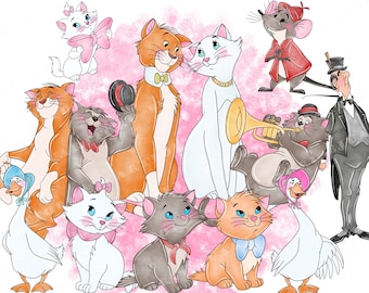 Puede incluir: Una ilustración de acuarela de los personajes de los Aristogatos de la película de Disney. Los personajes incluyen a Duquesa, Berlioz, Marie, Toulouse y los demás gatos. La ilustración está sobre un fondo rosa y blanco.
