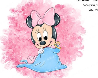 Minnie Mouse Watercolor Clipart, Pink Girl, Commercial Use (PNG)