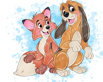May include: A watercolor illustration of a fox and a hound, both smiling. The fox is orange and white, and the hound is brown and white. The background is a light blue watercolor wash.