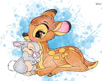May include: A watercolour illustration of Bambi the deer and Thumper the rabbit hugging. The image has a blue watercolour background with white splatters.