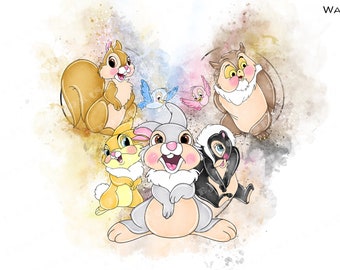 May include: Watercolour clipart featuring Bambi and his friends, including Thumper, Flower, Owl, and a squirrel. The characters are surrounded by a watercolour background with splashes of pink, blue, and yellow.