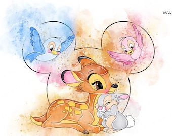May include: Watercolour illustration of Bambi the deer with Thumper the rabbit, surrounded by a Mickey Mouse-shaped frame with two birds flying in the background. The text "BAMBI WATERCOLOR CLIPART" is at the top of the image.