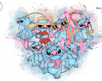 Stitch Watercolor Clipart, Summer Vacation PNG (Digital Download)