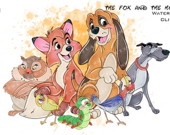 The Fox and The Hound Watercolor Clipart (PNG Digital Download)