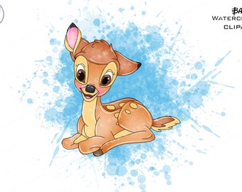 May include: A watercolour illustration of Bambi, a young deer with large brown eyes, sitting on a blue watercolour background with white splatters. The image is titled "Bambi Watercolor Clipart".