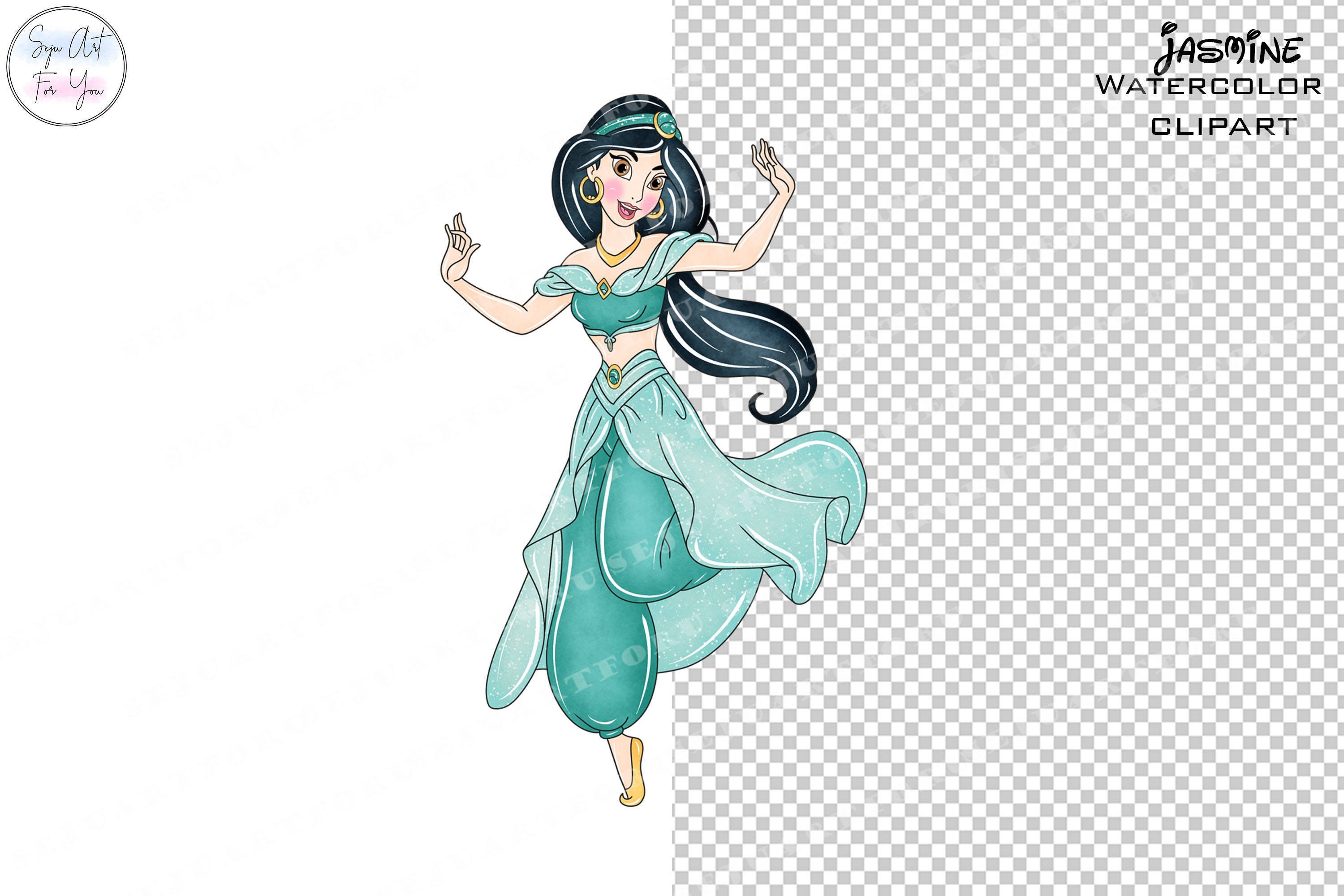 ジャスミン姫の水彩画風クリップアート、かわいいプリンセスPNG