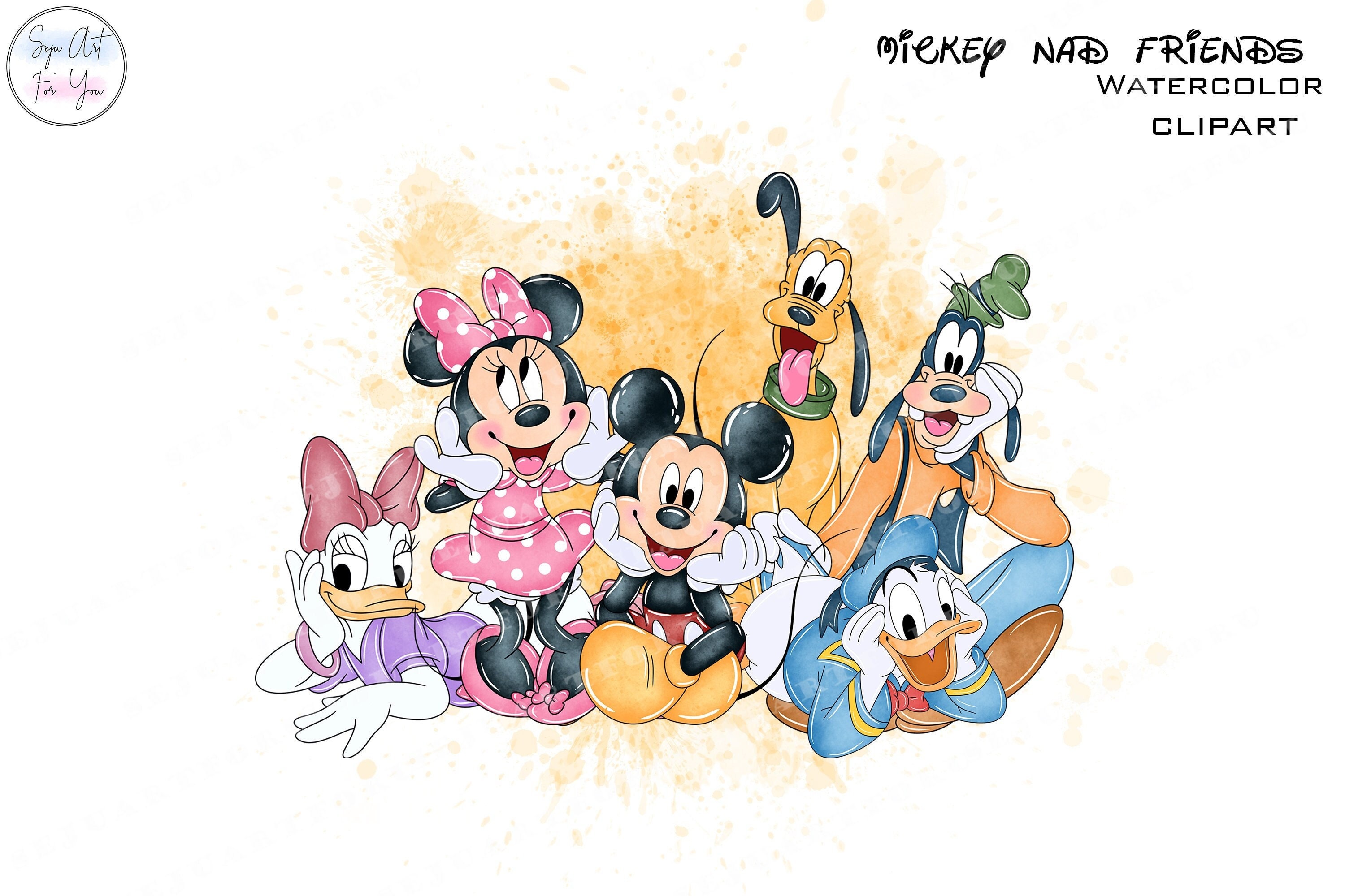 watercolor mickey ,watercolor minnie, watercolor donald, watercolor daisy, watercolor gooffy, watercolor pluto, clipart commercial use