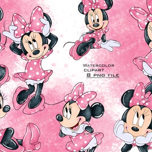 cute watercolor minnie mouse png file bundles,  minnie mouse watercolor clipart bundle, minnie mouse cliparts png files for sublimation