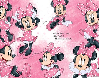 cute watercolor minnie mouse png file bundles,  minnie mouse watercolor clipart bundle, minnie mouse cliparts png files for sublimation