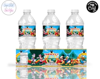 Etykiety na butelki z wodą urodzinową z motywem Klubu Myszki Miki (edytowalne i do druku)