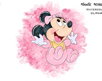Clipart acquerello di Minnie Mouse, rosa, PNG (download digitale)