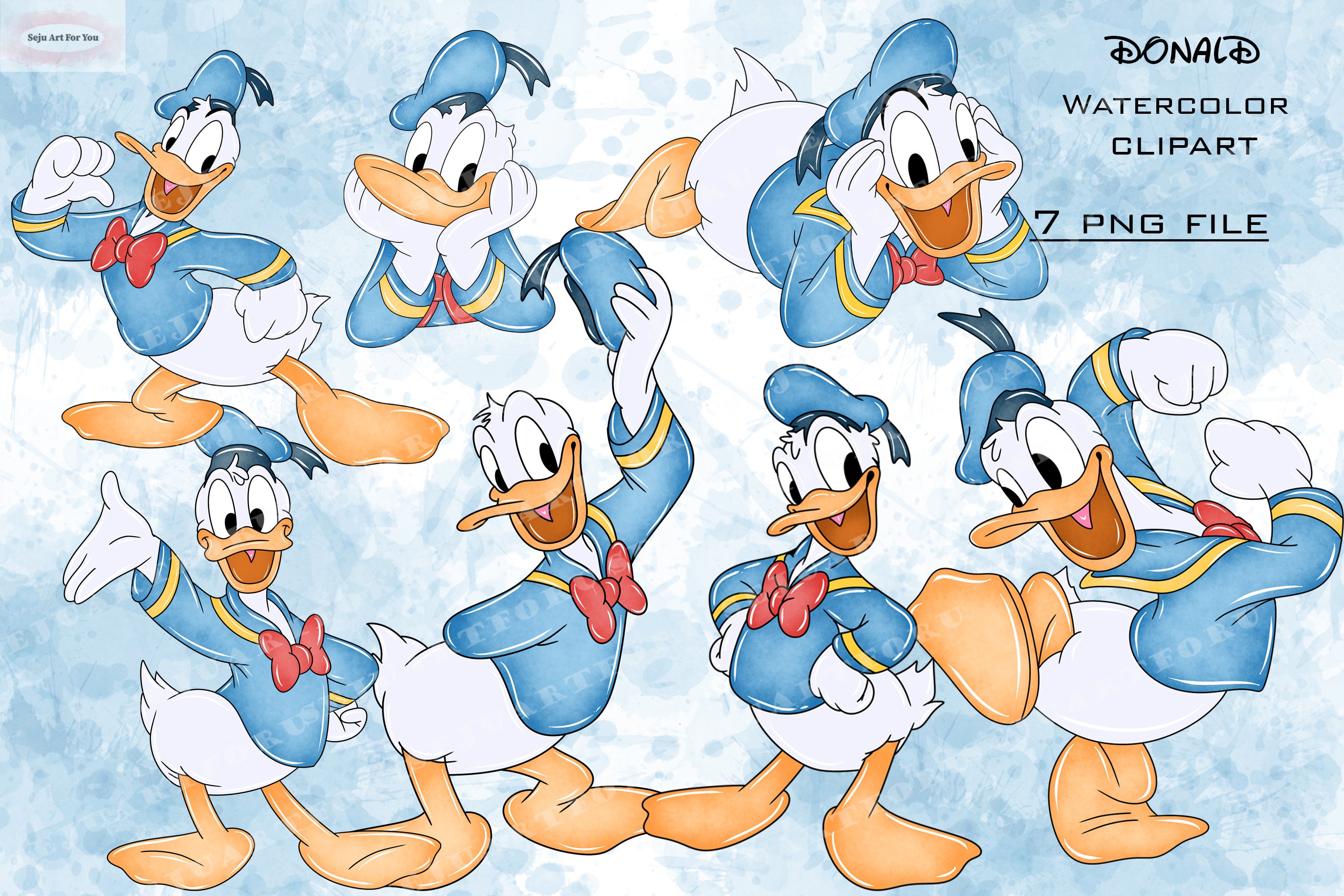 ドナルドダックの水彩クリップアートバンドル（7 PNG） - 商用利用