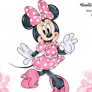 May include: Watercolor clipart of Minnie Mouse in a pink polka dot dress and bow. The image features Minnie Mouse with black ears, a smiling face, white gloves, and pink shoes. The text "Minnie Mouse Watercolor Clipart" is in the upper right corner.