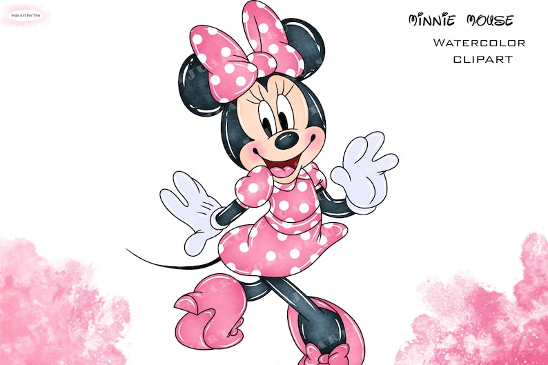 May include: Watercolor clipart of Minnie Mouse in a pink polka dot dress and bow. The image features Minnie Mouse with black ears, a smiling face, white gloves, and pink shoes. The text "Minnie Mouse Watercolor Clipart" is in the upper right corner.