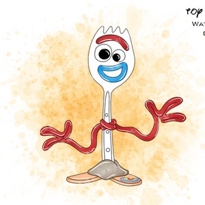 May include: Watercolor illustration of Forky from Toy Story. Forky is a white plastic spork with red googly eyes, a blue smile, and red pipe cleaner arms and legs. He is standing on a brown surface with a rainbow design on his feet. The background is a yellow watercolor wash.