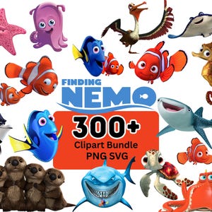 May include: A digital collection of Finding Nemo characters including a pink starfish, purple octopus, blue tang, clownfish, pelican, stingray, seahorse, shark, sea turtle, and otters. The text reads Finding Nemo 300+ Clipart Bundle PNG SVG.