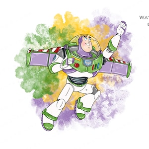 May include: A watercolor illustration of Buzz Lightyear from the Toy Story franchise. He is wearing his signature green and white space ranger suit and has his wings extended. The background is a colorful watercolor wash of green, yellow, and purple.
