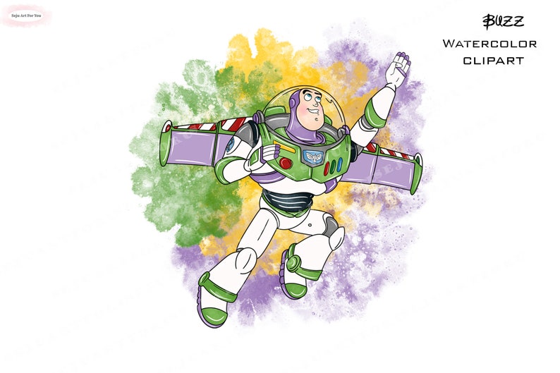May include: A watercolor illustration of Buzz Lightyear from the Toy Story franchise. He is wearing his signature green and white space ranger suit and has his wings extended. The background is a colorful watercolor wash of green, yellow, and purple.