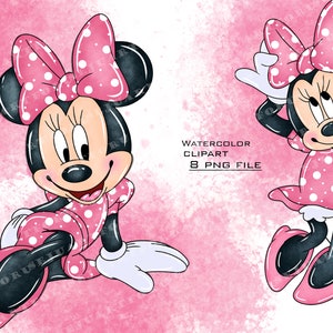 May include: Two watercolor illustrations of a cartoon mouse wearing a pink dress with white polka dots and a pink bow with white polka dots. The mouse on the left is sitting with her legs crossed and her right hand resting on her knee. The mouse on the right is standing with her right hand on her hip and her left hand holding her bow. Both mice are smiling.