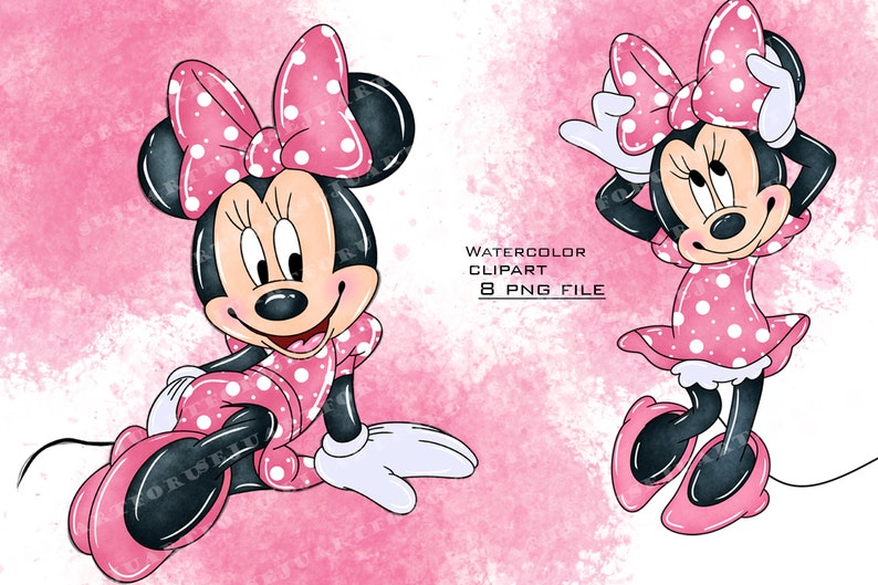 May include: Two watercolor illustrations of a cartoon mouse wearing a pink dress with white polka dots and a pink bow with white polka dots. The mouse on the left is sitting with her legs crossed and her right hand resting on her knee. The mouse on the right is standing with her right hand on her hip and her left hand holding her bow. Both mice are smiling.