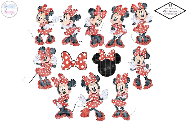 May include: Thirteen digital clip art images of Minnie Mouse in various poses. Minnie is wearing her signature red polka dot dress, white gloves, and red shoes. She has a big smile and her signature bow. The images are in a watercolor style.
