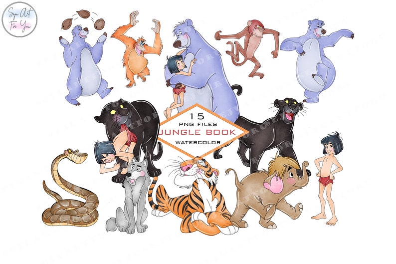 May include: Watercolor illustrations of characters from the Jungle Book, including Baloo the bear, Mowgli, Shere Khan, Kaa the snake, King Louie, Bagheera the panther, and more. There are 15 PNG files in this set.