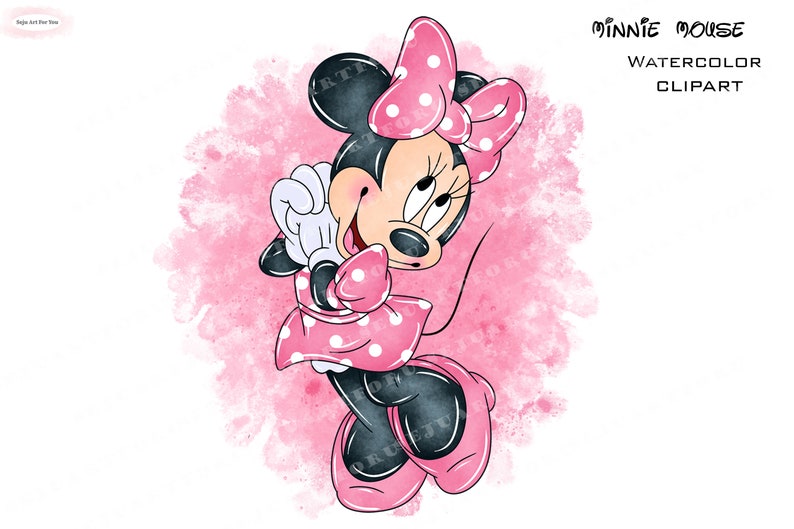 May include: Watercolor illustration of Minnie Mouse in a pink dress with white polka dots. She is wearing a pink bow with white polka dots and has a big smile on her face.