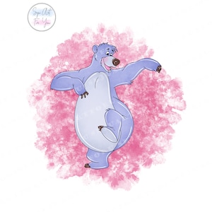 May include: A cartoon illustration of a blue bear with a pink watercolor background. The bear is standing on its hind legs and has its arms outstretched.