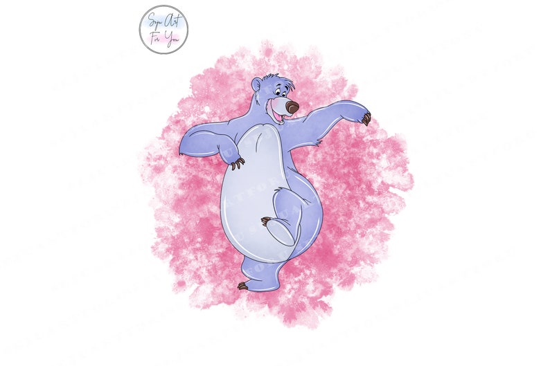 May include: A cartoon illustration of a blue bear with a pink watercolor background. The bear is standing on its hind legs and has its arms outstretched.