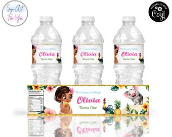 Baby Moana Birthday Water Bottle Labels, Editable Printable (Digital File)