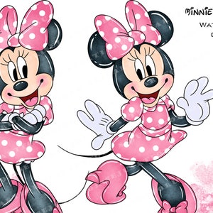May include: Watercolor clipart of Minnie Mouse in two poses. Minnie has black ears, a pink polka-dot bow, and a matching dress. Her white gloves and pink shoes complete the look. The text "Minnie Mouse Watercolor Clipart" is visible.
