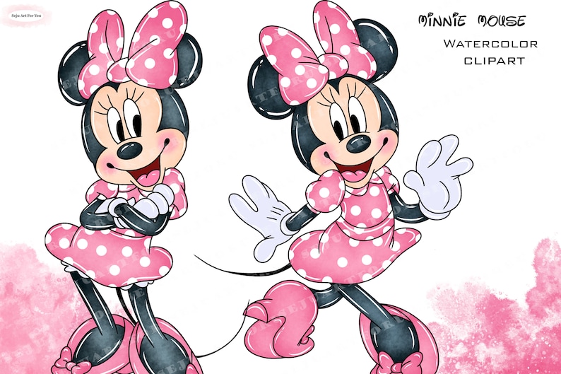 May include: Watercolor clipart of Minnie Mouse in two poses. Minnie has black ears, a pink polka-dot bow, and a matching dress. Her white gloves and pink shoes complete the look. The text "Minnie Mouse Watercolor Clipart" is visible.